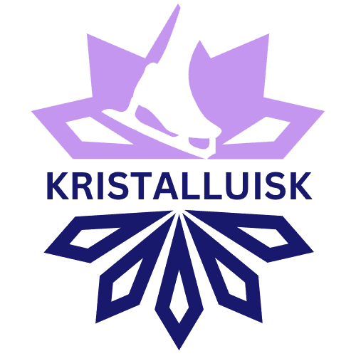 Stiliseeritud logo kujutab rebasepead ja sõna "KRISTALLUISK" lilla ja sinise värvi