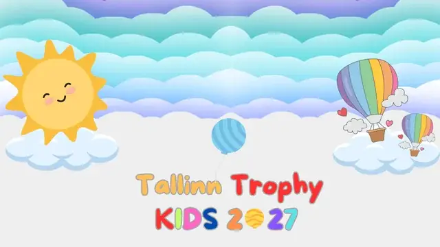 Мультяшное солнце и облака с радужным воздушным шаром и словами "Tallinn Trophy KIDS 2027
